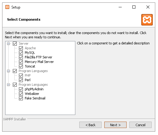 cai dat xampp select component